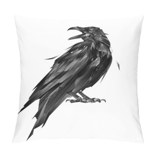 Personality  Drawn Sitting Bird Raven On White Background Pillow Covers