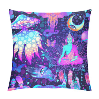 Personality  Psychedelic Seamless Pattern: Trippy Mushrooms, Peace Sign, Acid Buddha, Butterflies, All-seeing Eye, Mandala. Background With Stoned Trippy Drug Elements Pillow Covers