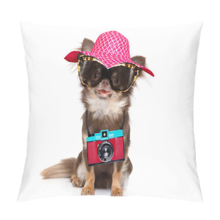 Personality  Chihuahua Dog Looking So Cool With Fancy Sunglasses  And Photo Camera Ready For Summer Vacation Pillow Covers