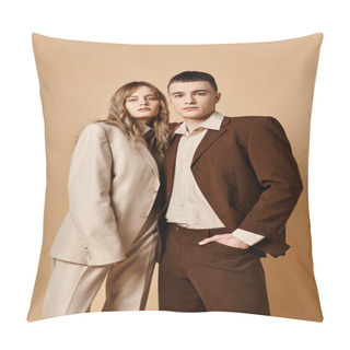 Personality  Alluring Elegant Couple In Debonair Suits Posing Together And Looking At Camera On Pastel Backdrop Pillow Covers