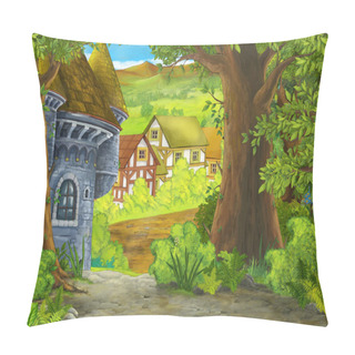 Personality  Cartoon Summer Scene With Path To The Farm Village - Nobody On The Scene - Illustration For Children Pillow Covers