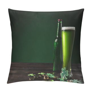 Personality  Glass Bottle And Glass Of Green Beer With Coins On Wooden Table, St Patricks Day Concept Pillow Covers