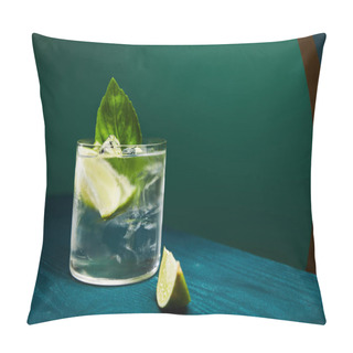 Personality  Close Up View Of Old Fashioned Glass With Drink And Lime On Blue Wooden Surface Isolated On Green Pillow Covers