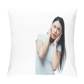 Personality  Confused Attractive Asian Girl Covering Ears With Hands Isolated On White Pillow Covers