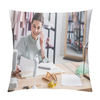 Personality  Smiling Seamstress Talking On Smartphone And Holding Sketch Near Fabric  Pillow Covers