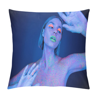 Personality  Nude And Sensual Woman With Neon Makeup And Colored Body Posing On Dark Blue Background Pillow Covers