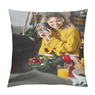Personality  Happy Blonde Woman Holding Gift From Her Relative And Smiling Cheerfully At Festive Lunch, Christmas Pillow Covers