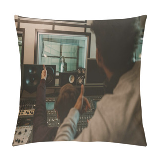 Personality  Sound Producers Showing Thumbs Up To Singer At Recording Studio Pillow Covers