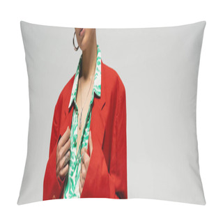 Personality  Cropped View Of Elegant Model In Classy Sunglasses And Trendy Bright Colourful Attire, Banner Pillow Covers
