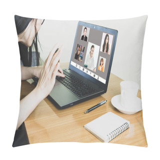 Personality  Laptop Screen View Over Shoulder Asian Woman Talking About Work,sitting In Work Desk Make Video Call Have Distant Communication Using Videoconference App Work From Home To Prevent Corona Virus Pillow Covers