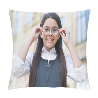 Personality  Looking To Future. Happy Kid Fix Eyeglasses Outdoors. Eye Sight Development. Child Vision. Back To School Eye Sight Test. Pediatric Ophthalmology. Primary Education. Health And Care Pillow Covers