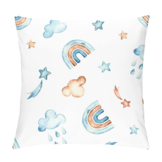 Personality  Weather, Rainbow, Clouds, Stars, Rain On A White Background. Boho Watercolor Seamless Pattern Pillow Covers