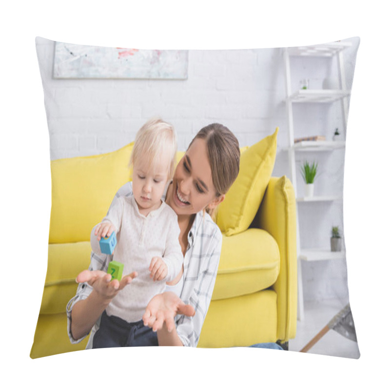 Personality  Joyful Woman Holding Toy Cube Near Little Son At Home Pillow Covers