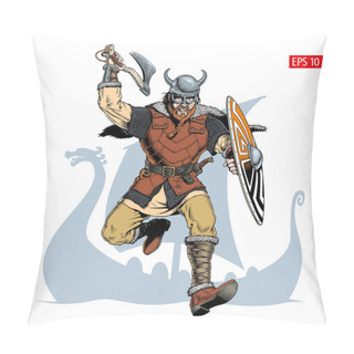 Personality  Viking With Ax And Shield Attacks. Vector Illustration. Pillow Covers