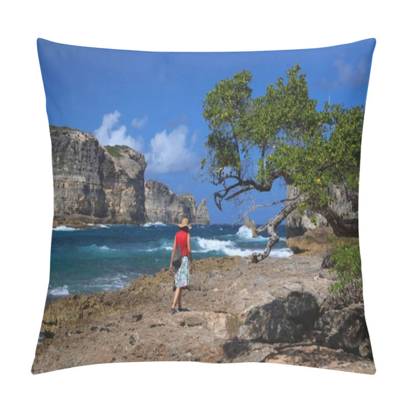 Personality  GUADELOUPE, FRANCE - DECEMBER 7, 2019: Woman Tourist Visits Cliffs Of Porte D'Enfer (Hell's Gate) In Guadeloupe. Pillow Covers