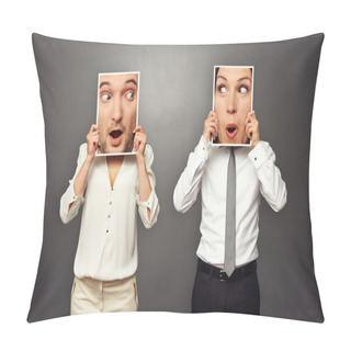 Personality  Man And Woman Holding Amazed Faces Pillow Covers