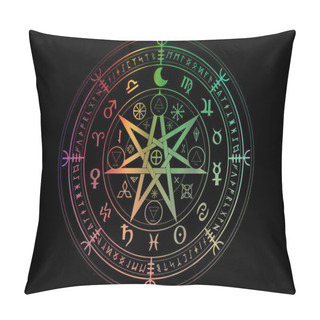 Personality  Wiccan Symbol Of Protection. Set Of Mandala Witches Runes, Mystic Wicca Divination. Colorful Ancient Occult Symbols, Earth Zodiac Wheel Of The Year Wicca Astrological Signs, Vector Isolated Or Black Pillow Covers