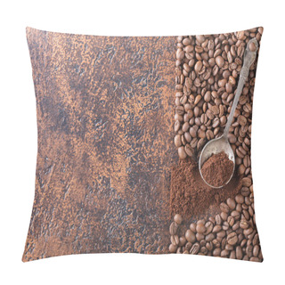 Personality  Black Roasted Coffee Grains And Ground Coffee In Spoon Lie On A Copper Table, Background Image, Top View, Copy Space For Your Text. Pillow Covers