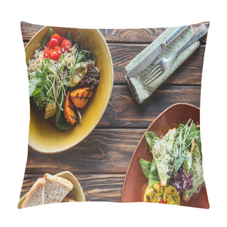 Personality  Flat Lay With Vegetarian Salads Served In Bowls And Cutlery On Wooden Tabletop Pillow Covers