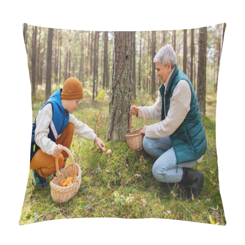 Personality  grandmother and grandson with mushrooms in forest pillow covers
