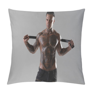 Personality  Muscular Shirtless Young Man With Whip In A Mask.Brutal Handsome Man With Tattooed Body. Men Tattoo Casual Fashion. Portrait Of Handsome Male Model. Muscular Athletic Sexy Male With Naked Torso. Pillow Covers