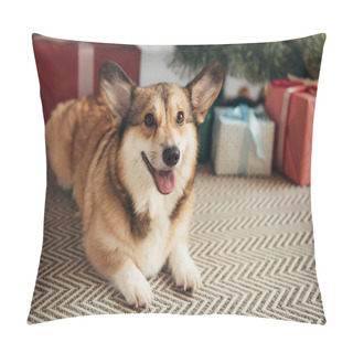Personality  Cute Furry Corgi Dog Lying Under Christmas Tree With Gift Boxes Pillow Covers