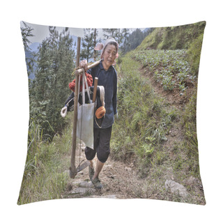 Personality  Woman Farmer Returns From Field Work With Hoe And Yoke. Pillow Covers