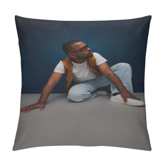 Personality  Trendy Man In Casual Stylish Outfit Posing On Floor Looking Away, Hand To Foot, Fashion Concept Pillow Covers