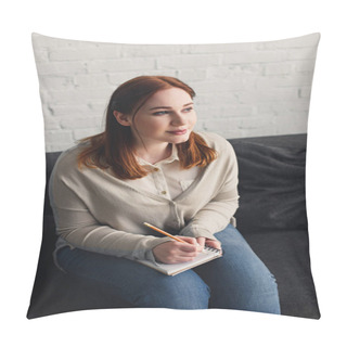 Personality  Attractive Girl Holding Notebook And Pencil And Looking Away At Home Pillow Covers