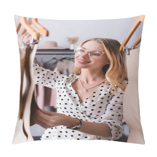 Personality  Stylish Showroom Proprietor Holding Templates On Blurred Foreground Pillow Covers