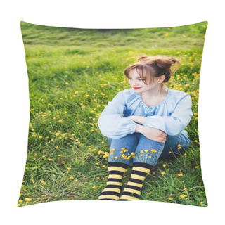 Personality  Young Woman Wearing Blue Blouse, Jeans And Striped Black And Yellow Socks With Flowers Inside Sitting On The Green Grass Of Blooming Meadow. Anime Style. Concept Of Bee Protection, Bloom Season. Pillow Covers