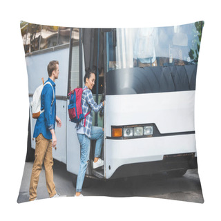 Personality  Multiethnic Couple Of Tourists With Backpacks Walking Into Travel Bus At Street Pillow Covers