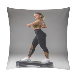 Personality  Athletic Young Woman Doing Step Aerobics On Grey Pillow Covers