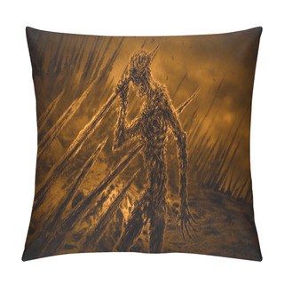 Personality  Dead Man On Stakes Waving His Hand In The Wind. Genre Of Horror. Orange Background Color Pillow Covers