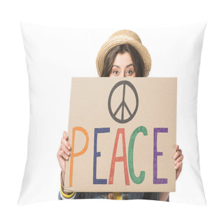 Personality  Front View Of Hippie Girl In Straw Hat Holding Placard With Inscription Isolated On White Pillow Covers