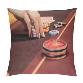 Personality  Burgundy Casino Table. High Contrast Image Of Casino Roulette And Poker Chips Pillow Covers