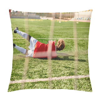 Personality  A Young Boy Energetically Plays Soccer On A Green Field, Wearing A Jersey And Dribbling The Ball. He Shows Skill And Passion As He Moves Towards The Goal, Surrounded By The Cheering Crowd. Pillow Covers