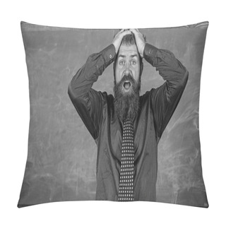 Personality  Pay Attention To Your Behaviour And Manners. Teacher Etiquette Tips Modern Education Professional. Teacher Behaves Unprofessionally. Man Bearded Teacher Or Educator Hold Head Chalkboard Background Pillow Covers