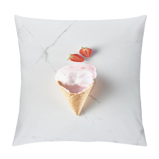 Personality  Top View Of Delicious Ice Cream In Waffle Cone Near Strawberries On Marble Grey Background Pillow Covers
