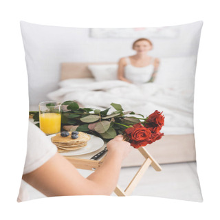 Personality  Woman Holding Tray With Red Roses And Breakfast Near Lesbian Girlfriend In Bed On Blurred Background Pillow Covers