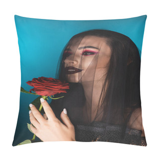 Personality  Evil Bride With Black Makeup Looking Away Through Veil And Holding Rose On Blue Pillow Covers