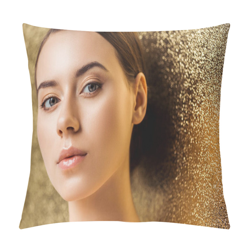 Personality  Young Beautiful Woman With Shiny Makeup Looking At Camera On Golden Textured Background Pillow Covers