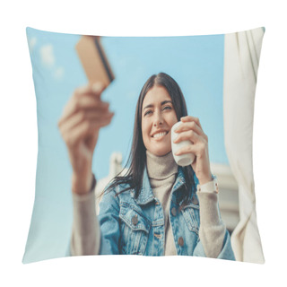 Personality  Woman Paying With Credit Card Pillow Covers