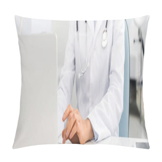 Personality  Panoramic Shot Of Professional Female Doctor Working On Laptop In Clinic   Pillow Covers