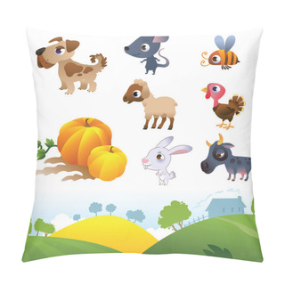 Personality  Isolated Cartoon Farm Animals On White Background And Farm Lands Pillow Covers