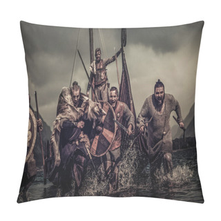 Personality  Mad Vikings Warriors In Attack, Running Along Shore With Drakkar  Pillow Covers