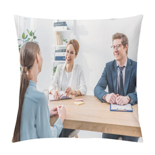 Personality  Back View Of Employee Speaking With Cheerful Recruiters During Job Interview  Pillow Covers