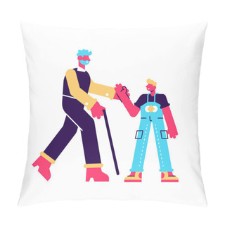 Personality  Joyful Little Girl And Grandfather Having Fun Together Vector Pillow Covers