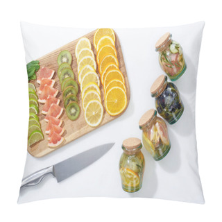Personality  Top View Of Detox Drinks In Jars Near Knife And Fruit Slices On Wooden Chopping Board Pillow Covers