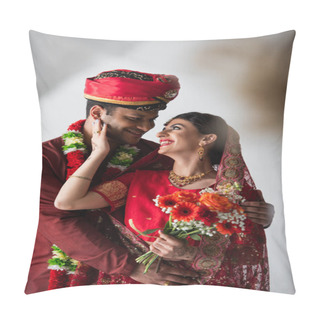 Personality  Happy Indian Man Hugging Cheerful Bride In Headscarf And Sari With Bouquet Of Flowers On White Pillow Covers